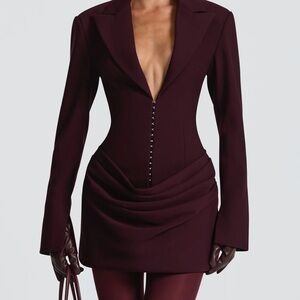 Plunge Neck Mini Dress in Deep Burgundy